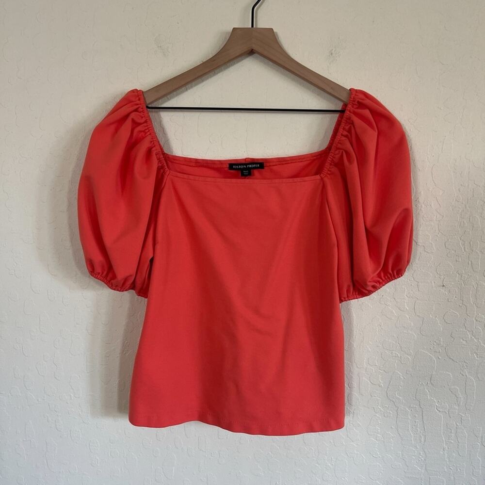 Boston Proper Short Puff Sleeve Ponte Knit Square Neck Blouse Top Large Orange